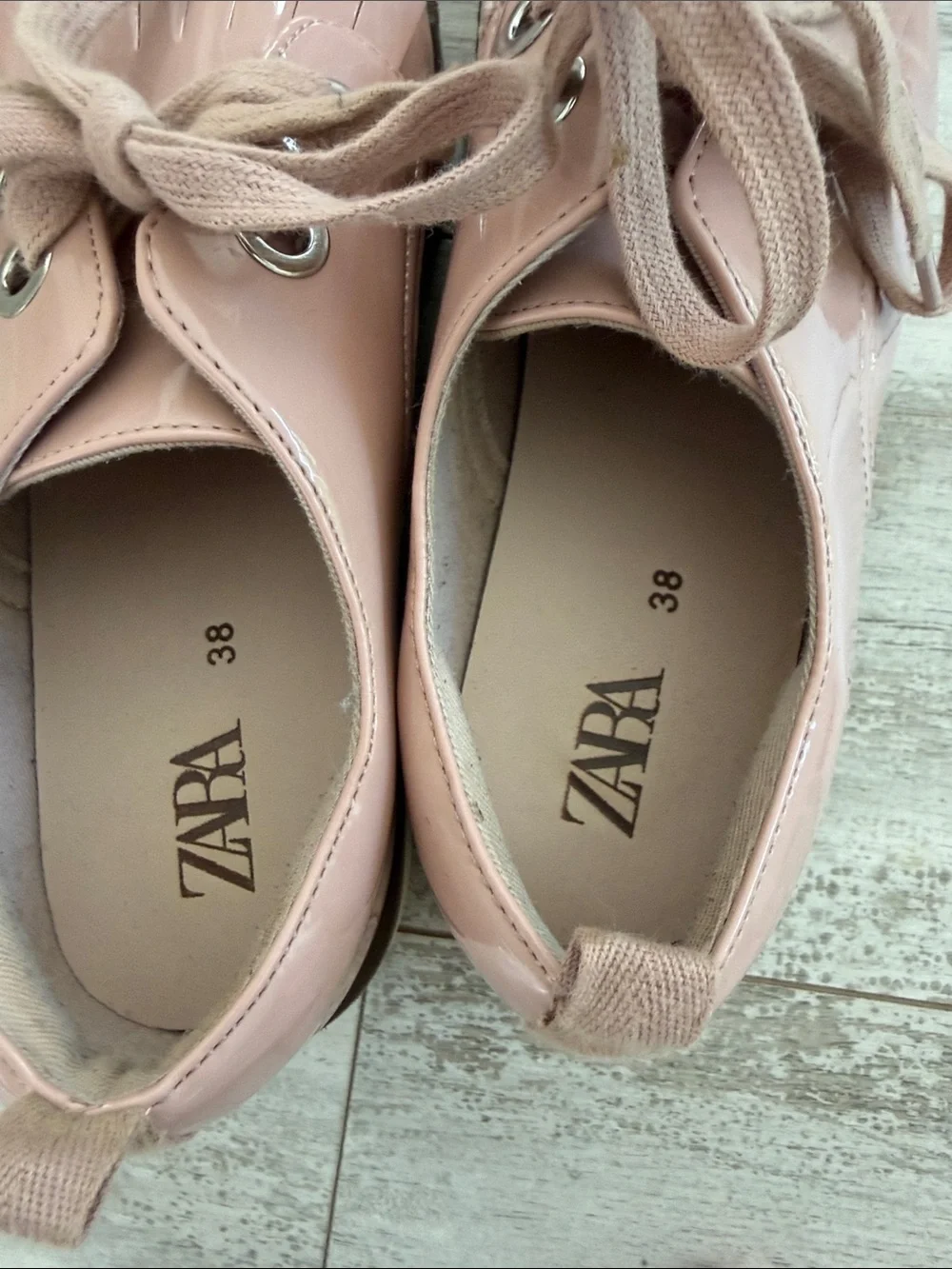 Zara Blush Pink Patent Fringe Lace-Up Flats
